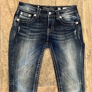 Miss Me Signature Skinny Mid Rise Jeans Distressed Rhinestones Women’s SZ 27x31
